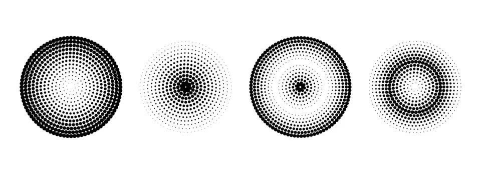Halftone concentric circle set. Comic grunge texture ring shape collection Stock Illustration