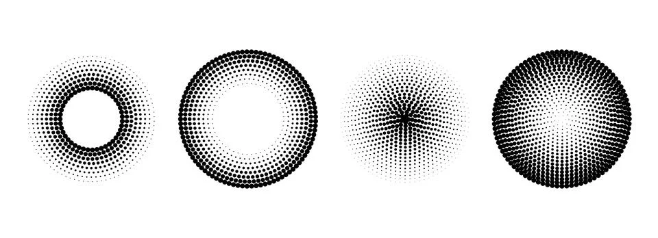 Halftone concentric circle set. Comic grunge texture ring shape collection Stock Illustration