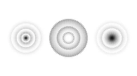 Halftone concentric circles set. Comic texture rings collection. Round dotted Stock Illustration