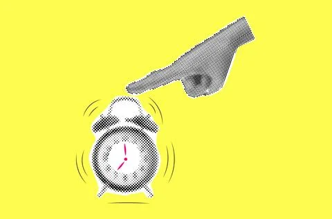 Halftone creative collage of human arm press button morning wake up work. C.. Stock Illustration