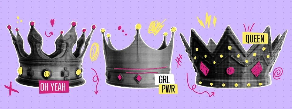 Halftone crown collage set. Elements with dotted texture and colorful doodl.. Illustrazione stock