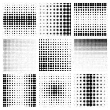 Halftone design elements with black dots isolated on white background. Comic Illustrazione stock