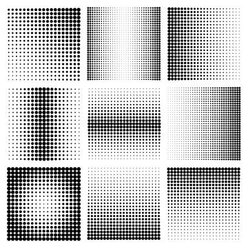 Halftone design elements with black dots isolated on white background. Comic Stock Illustration