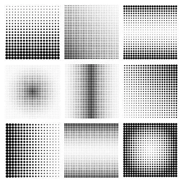 Halftone design elements with black dots isolated on white background. Comic Stock Illustration