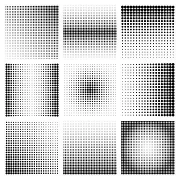 Halftone design elements with black dots isolated on white background. Comic Illustrazione stock