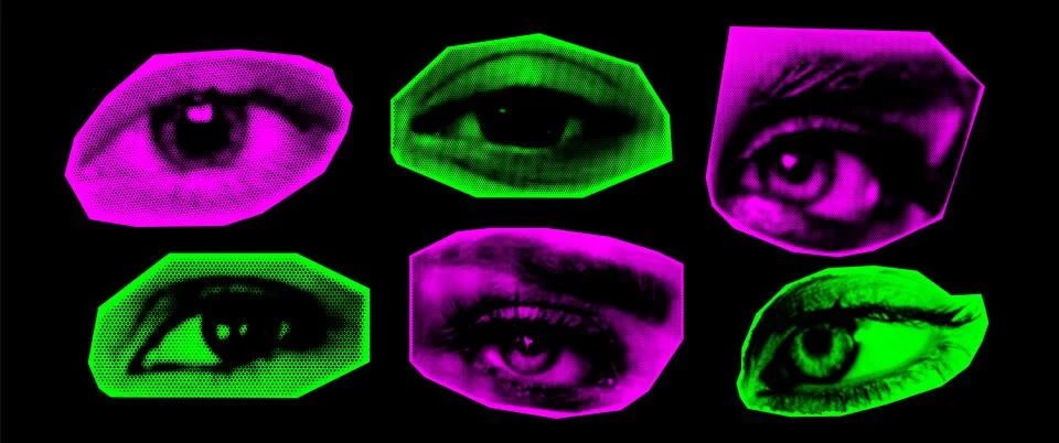 Halftone design elements in trendy magazine style. Eyes collage. Vector illus 스톡 일러스트