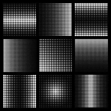 Halftone design elements with white dots on black background. Comic dotted Stock Illustration