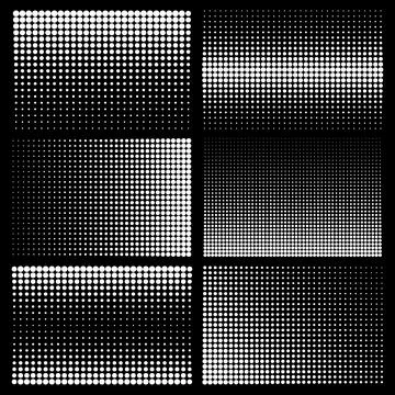 Halftone design elements with white dots on black background. Comic dotted Stock Illustration
