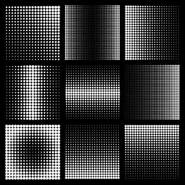 Halftone design elements with white dots on black background. Comic dotted Stock Illustration