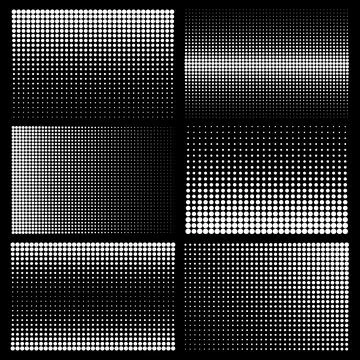 Halftone design elements with white dots on black background. Comic dotted Stock Illustration