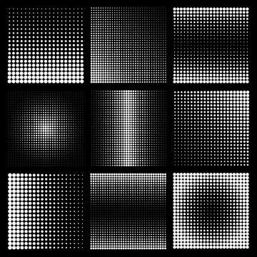 Halftone design elements with white dots on black background. Comic dotted Illustrazione stock