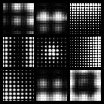 Halftone design elements with white dots on black background. Comic dotted Stock Illustration