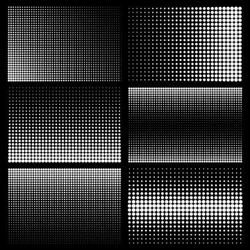 Halftone design elements with white dots on black background. Comic dotted Stock Illustration