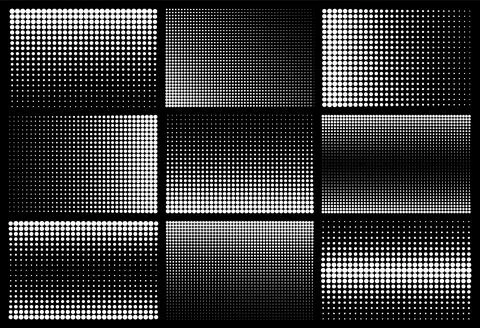Halftone design elements with white dots on black background. Comic dotted Stock Illustration