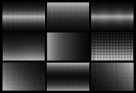 Halftone design elements with white dots on black background. Comic dotted Stock Illustration