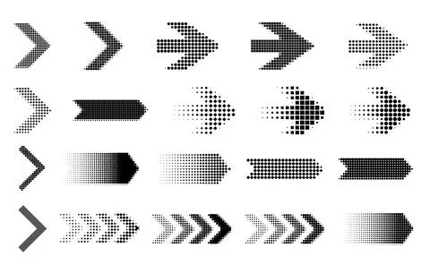 Halftone dot arrow icons collection, Geometric black gradient pointers, Vecto Ilustración de archivo