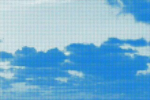 Halftone dot clouds on blue sky. Vintage pop art style with dotted texture. 스톡 일러스트