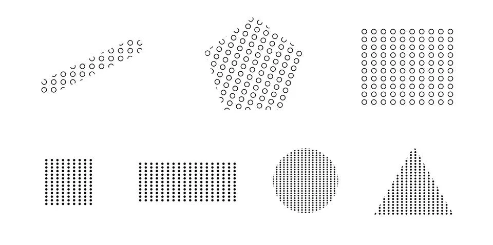 Halftone dot pattern shapes collection with circles, squares, triangles, re.. Illustrazione stock