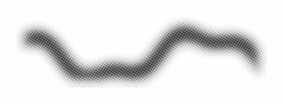 Halftone dot pattern wavy line. Black curved shape with gradient screen ton.. Stockillustratie