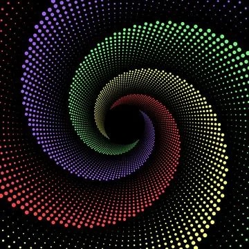 Halftone dot spiral vortex on black background. Swirl pattern dots vector i.. Stock Illustration