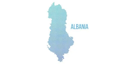 Halftone dot vector abstracted Albania map made out of sqares. vector illustr Ilustración de archivo