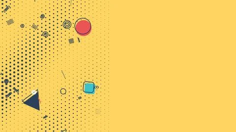 Halftone dot wave rolling on the left with bold Memphis shapes on yellow, r.. Stock Illustration