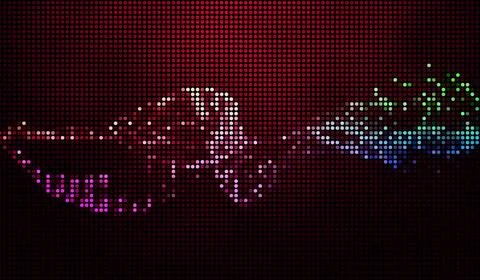 Halftone dots abstract digital technology multicolored light on red backgroun Stock Illustration