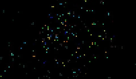 Halftone dots abstract digital technology multicolored light on black backg.. Stock Illustration