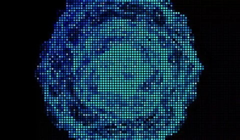 Halftone dots abstract digital technology blue light on black background. Stock-Illustration