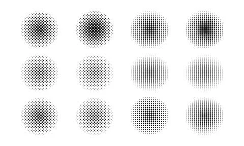 Halftone dots in circle frames, set of round dots pattern Stock Illustration