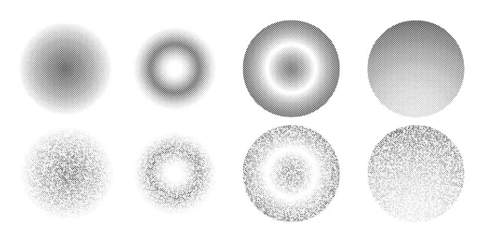 Halftone dots in circle frames, set of round dots pattern Stock Illustration