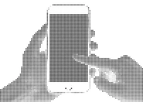 Halftone dots creating silhouette of hands holding smartphone showing green.. 스톡 일러스트
