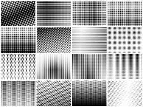 Halftone dots texture set. Grainy textures, dot gradient pattern. Textured Stock Illustration