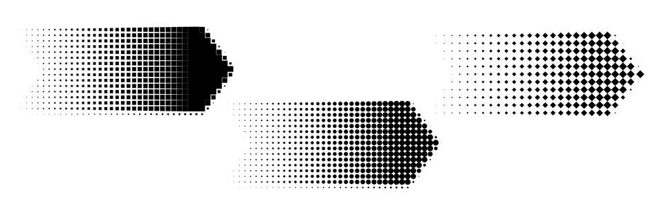 Halftone dotted black arrows set, Gradient square round diamond shape pointer Stock Illustration