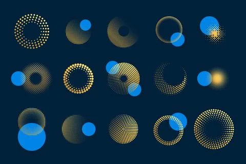 Halftone dotted circles. Gold pattern. Round dots texture. Luxury abstract logo Stock Illustration