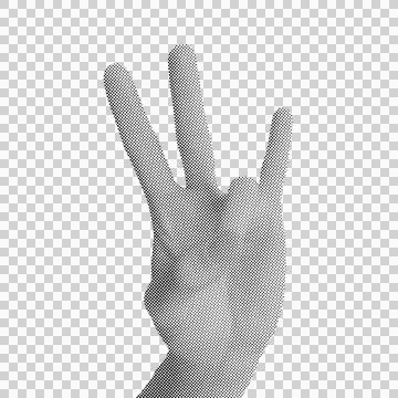 Halftone dotted hand showing three fingers for counting and communication c.. Stock Illustration