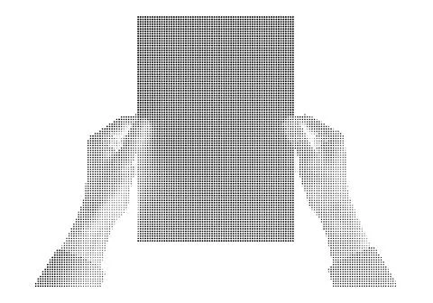 Halftone dotted hands holding blank vertical rectangular document isolated .. Stock Illustration