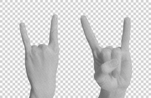 Halftone dotted hands showing rock horns gesture for heavy metal music art .. Stock Illustration