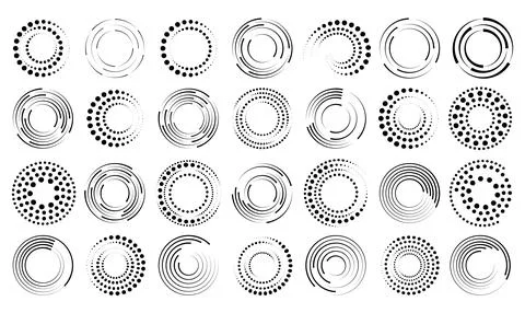Halftone dotted speed lines circle set. Geometric art in circle forms. Round Stock Illustration