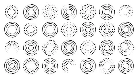 Halftone dotted speed lines circle set. Geometric art in circle forms. Round Illustrazione stock