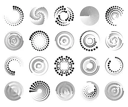 Halftone dotted speed lines circle set. Geometric art in circle forms. Round Stock Illustration