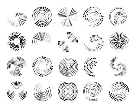 Halftone dotted speed lines circle set. Geometric art in circle forms. Round Stock-Illustration