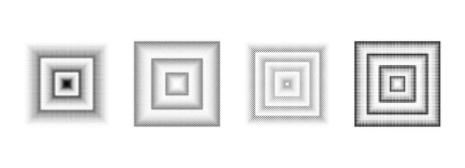 Halftone dotted square set. Black comic texture rectangle collection. Pixelated Stock Illustration
