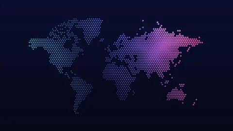Halftone dotted world map with dots growing and shrinking in a flowing wave.. Stock Illustration