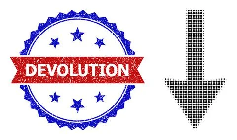 Halftone Down Arrow Icon and Textured Bicolor Devolution Seal Stock Illustration