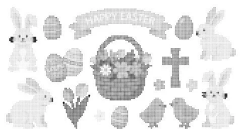 Halftone Easter Bunny and Basket Icon Set for Christian Easter Campaign Cel.. イラスト素材