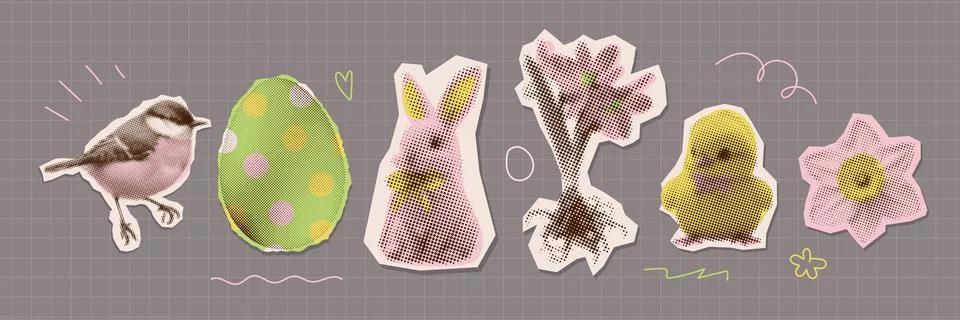 Halftone Easter day collage elements set, romantic card clipart with cutout 库存插图