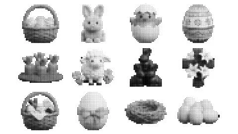 Halftone Easter Icon Set with Bunny, Eggs, Cross, and Basket for Easter Cam.. Stock Illustration