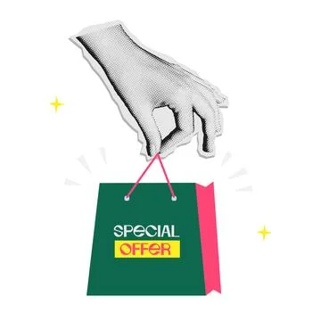 Halftone effect hand paper sticker in 90s vintage collage style. Sale Shopping Stock Illustration