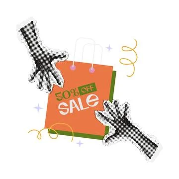 Halftone effect hand paper sticker in 90s vintage collage style. Sale Shopping Stock Illustration